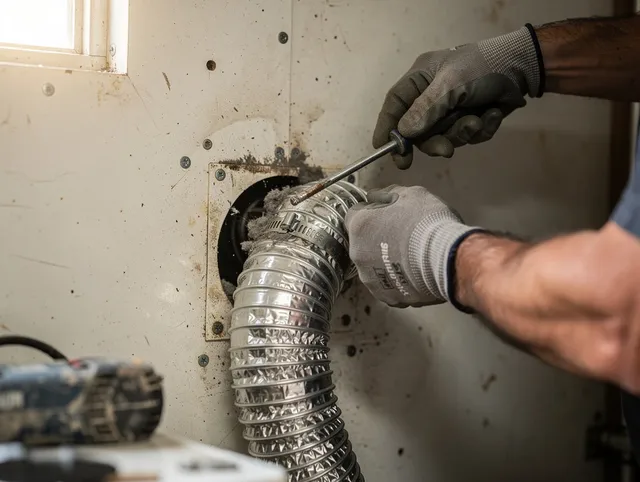 Brea Dryer Vent Cleaning technician performing precise dryer vent hose installation in Brea